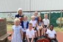 Retiring - Monkwick Infant School pupils with headteacher Claire Holmes