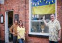 Staff with Frank Riccio outside the Market Row hair salon, Saffron Walden which opened on their day off to raise funds to support Ukrainian mothers and children