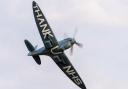 A solo display from the 'NHS Spitfire', painted with a message of thanks on the underside of its wings and the names of those who donated to NHS Charities Together.