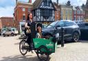 Tori and her daughter using the cargo bike in Saffron Walden