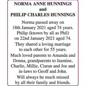 NORMA ANNE AND PHILIP CHARLES HUNNINGS