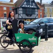 Tori and her daughter using the cargo bike in Saffron Walden