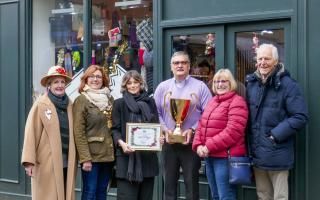 Charlotte Mundy and Ryan Mead from Cole's with Mayor Cllr Heather Asker and Saffron Walden Initiative members