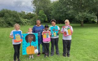 Artist Nadia Koo with pupils from Wimbish Primary Academy